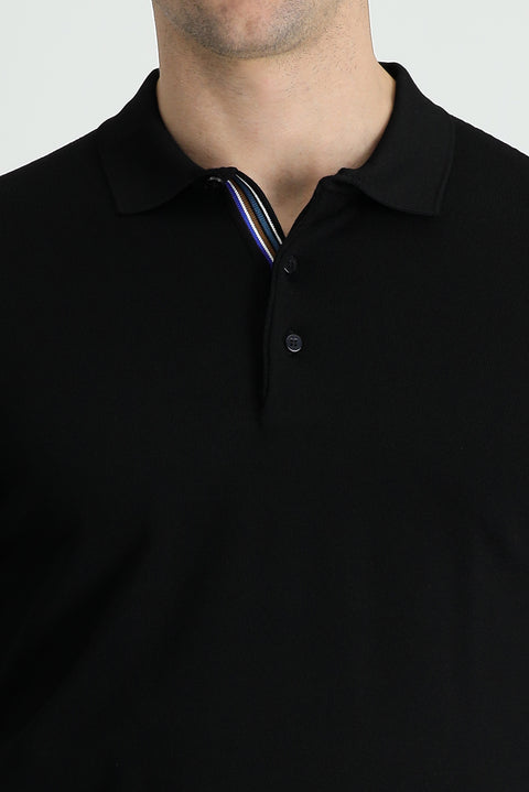 Black Polo Collar Slim Fit Narrow Cut Knit Sweater