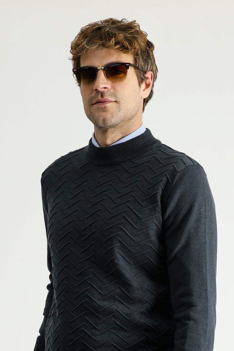 Dark Anthracite Melange Semi-Turtleneck Regular Fit Patterned Cotton Knit Sweater