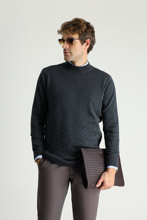Dark Anthracite Melange Semi-Turtleneck Regular Fit Patterned Cotton Knit Sweater