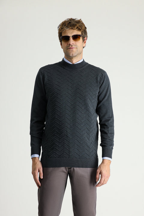 Dark Anthracite Melange Semi-Turtleneck Regular Fit Patterned Cotton Knit Sweater