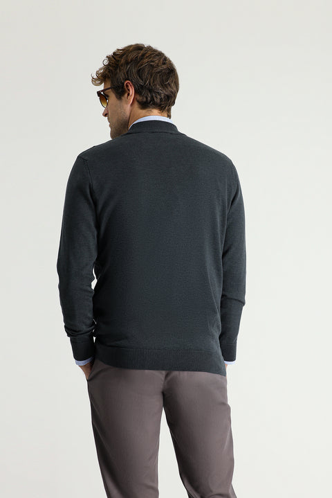 Dark Anthracite Melange Semi-Turtleneck Regular Fit Patterned Cotton Knit Sweater