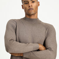 Light Brown Melange Semi-Turtleneck Slim Fit Narrow Cut Cotton Knit Sweater