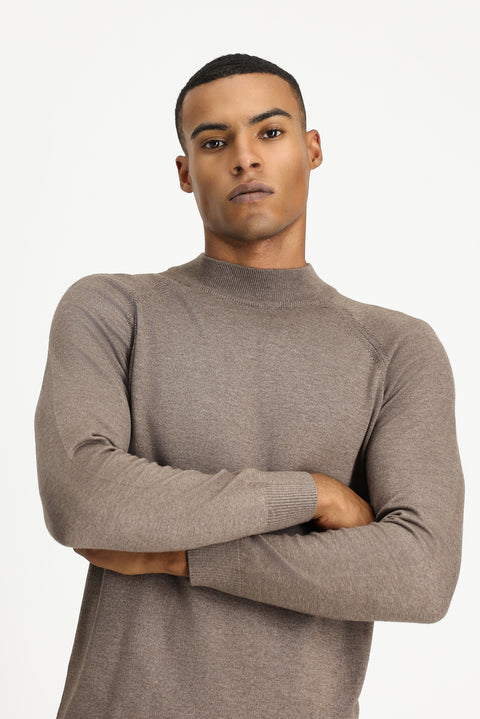 Light Brown Melange Semi-Turtleneck Slim Fit Narrow Cut Cotton Knit Sweater