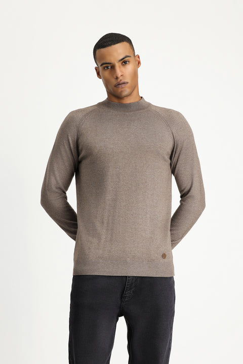 Light Brown Melange Semi-Turtleneck Slim Fit Narrow Cut Cotton Knit Sweater