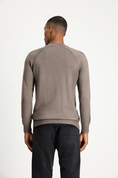 Light Brown Melange Semi-Turtleneck Slim Fit Narrow Cut Cotton Knit Sweater