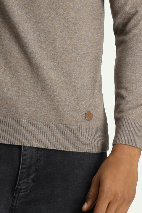 Light Brown Melange Semi-Turtleneck Slim Fit Narrow Cut Cotton Knit Sweater