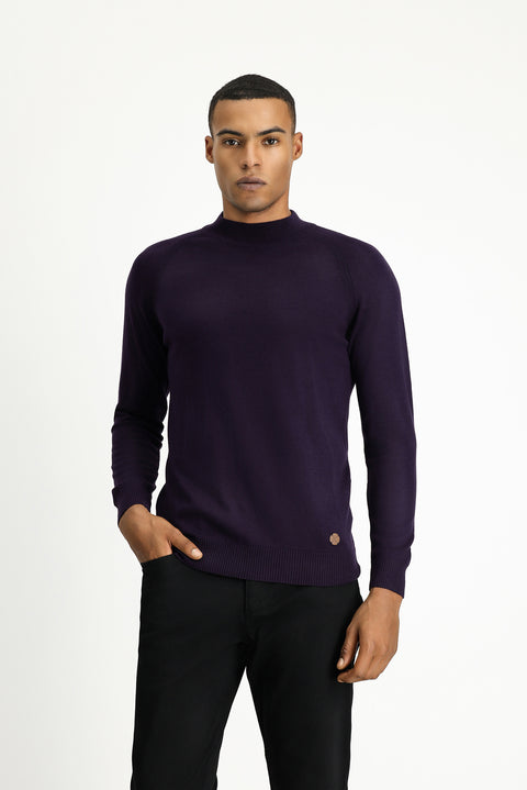 Dark Purple Semi-Turtleneck Slim Fit Narrow Cut Cotton Knit Sweater