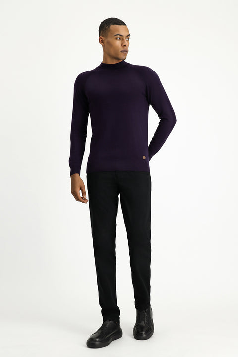 Dark Purple Semi-Turtleneck Slim Fit Narrow Cut Cotton Knit Sweater
