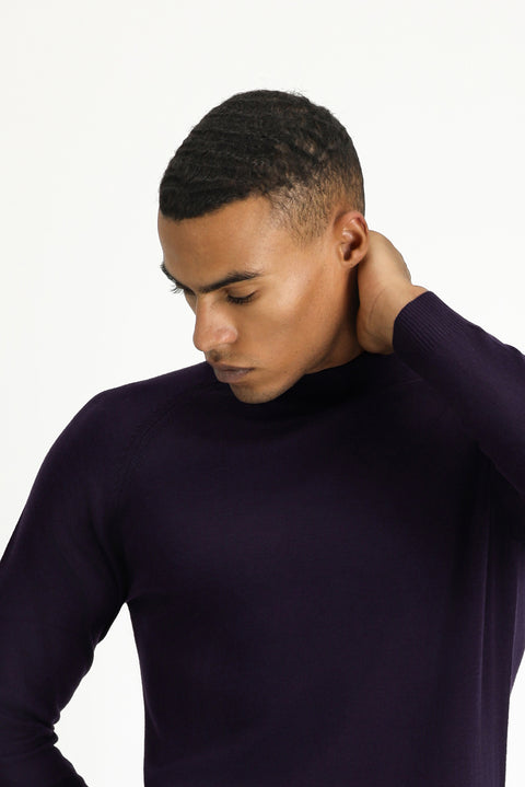 Dark Purple Semi-Turtleneck Slim Fit Narrow Cut Cotton Knit Sweater