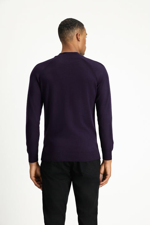 Dark Purple Semi-Turtleneck Slim Fit Narrow Cut Cotton Knit Sweater