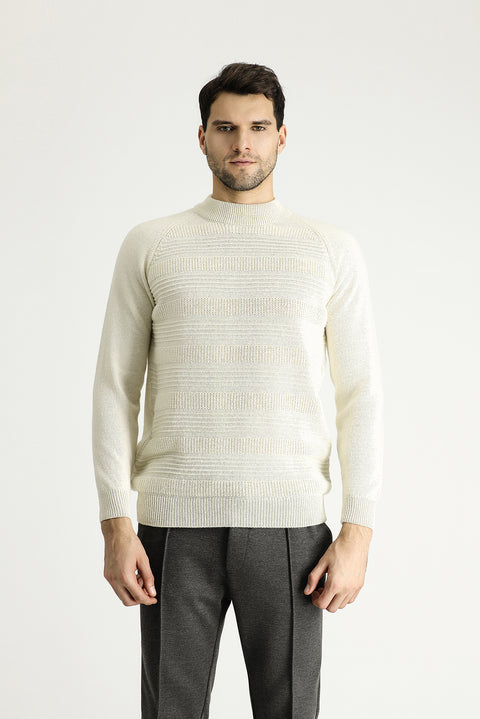 Off-white, semi-turtleneck, slim-fit, narrow-cut, patterned wool knit sweater.