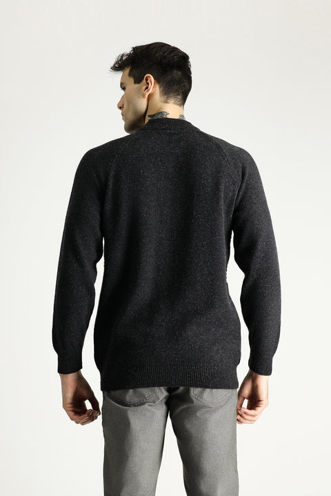 Dark Anthracite Semi-Turtleneck Slim Fit Narrow Cut Patterned Wool Knit Sweater
