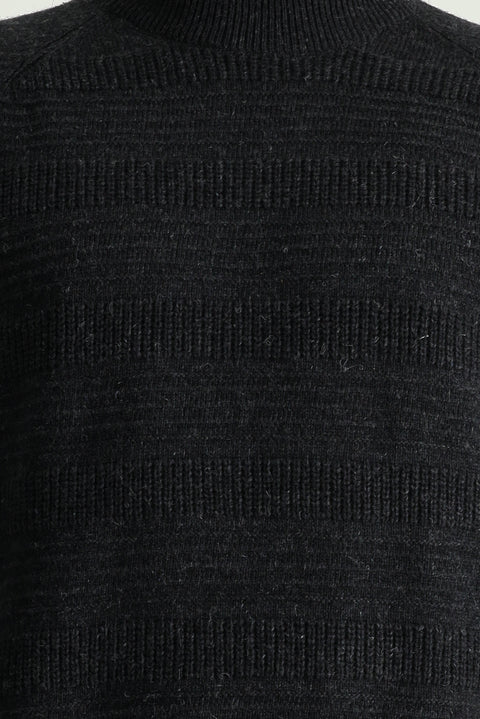 Dark Anthracite Semi-Turtleneck Slim Fit Narrow Cut Patterned Wool Knit Sweater