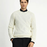 Off-white crew neck slim fit patterned wool knit sweater.