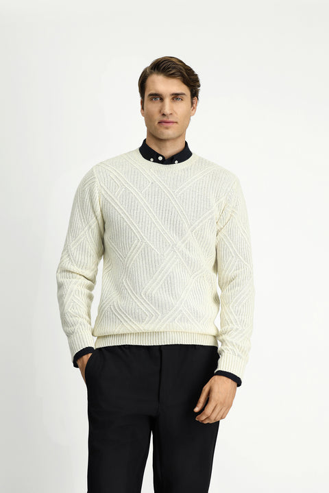 Off-white crew neck slim fit patterned wool knit sweater.