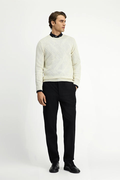 Off-white crew neck slim fit patterned wool knit sweater.