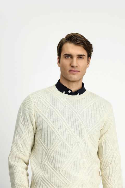 Off-white crew neck slim fit patterned wool knit sweater.