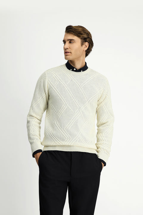 Off-white crew neck slim fit patterned wool knit sweater.