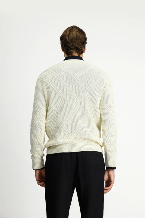 Off-white crew neck slim fit patterned wool knit sweater.