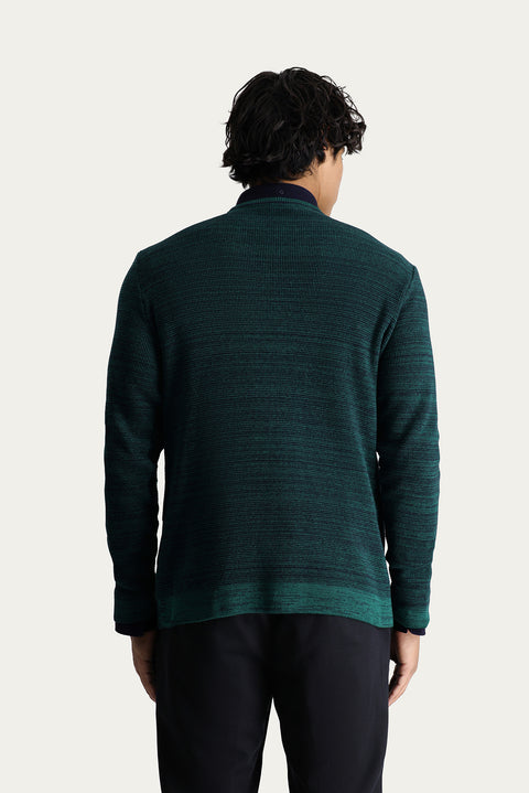 Dark Green Crew Neck Slim Fit Narrow Cut Patterned Cotton Knit Sweater