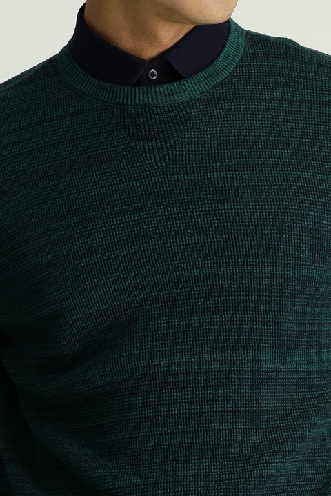 Dark Green Crew Neck Slim Fit Narrow Cut Patterned Cotton Knit Sweater