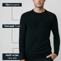 Siyah Bisiklet Yaka Slim Fit Dar Kesim Desenli Yünlü Triko Kazak