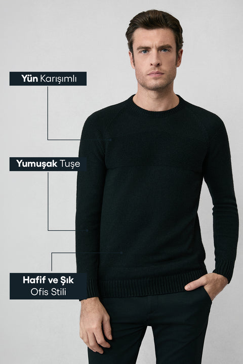 Siyah Bisiklet Yaka Slim Fit Dar Kesim Desenli Yünlü Triko Kazak