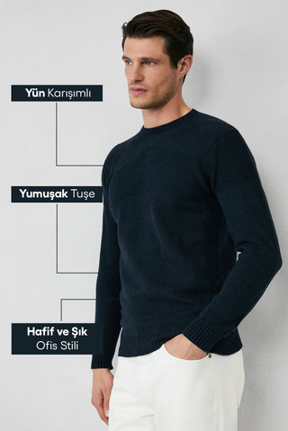 Koyu Lacivert Bisiklet Yaka Slim Fit Dar Kesim Desenli Yünlü Triko Kazak
