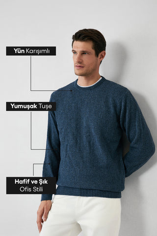 Havacı Mavi Bisiklet Yaka Regular Fit Yünlü Desenli Triko Kazak