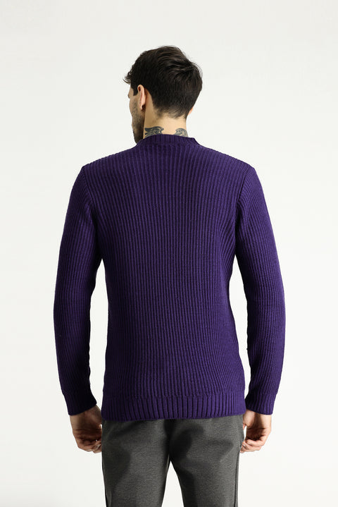Purple Crew Neck Slim Fit Patterned Knit Sweater