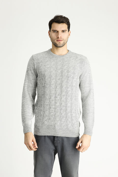 Açık Gri Melanj Bisiklet Yaka Slim Fit Dar Kesim Desenli Triko Kazak