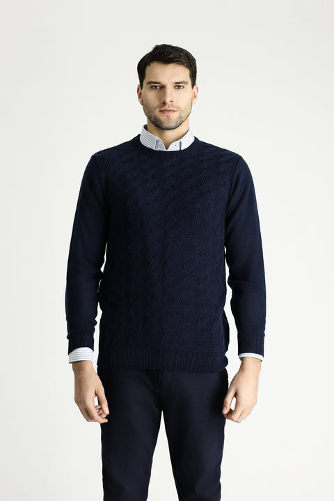 Koyu Lacivert Bisiklet Yaka Slim Fit Dar Kesim Desenli Triko Kazak