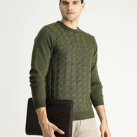 Orta Haki Bisiklet Yaka Slim Fit Dar Kesim Desenli Triko Kazak