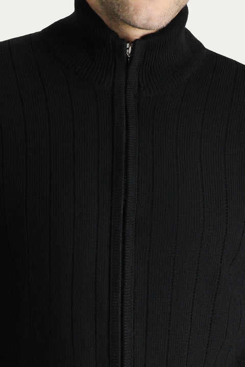 Siyah Dik Yaka Fermuarlı Regular Fit Çizgili Triko Hırka