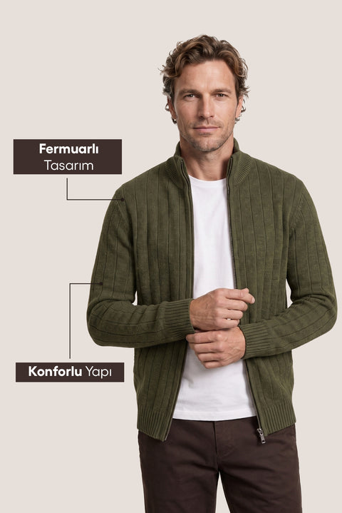 Orta Haki Dik Yaka Fermuarlı Regular Fit Çizgili Triko Hırka
