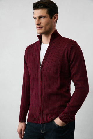 Koyu Bordo Dik Yaka Fermuarlı Regular Fit Çizgili Triko Hırka