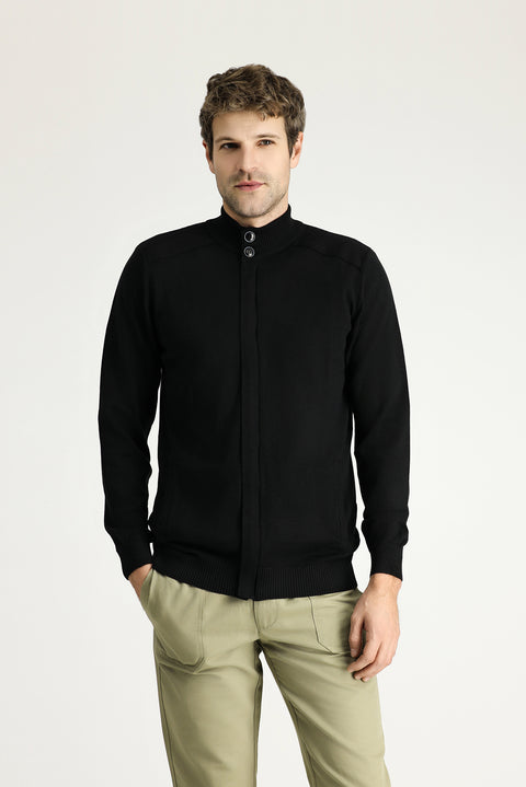 Black Zip-Up Cotton Knit Cardigan