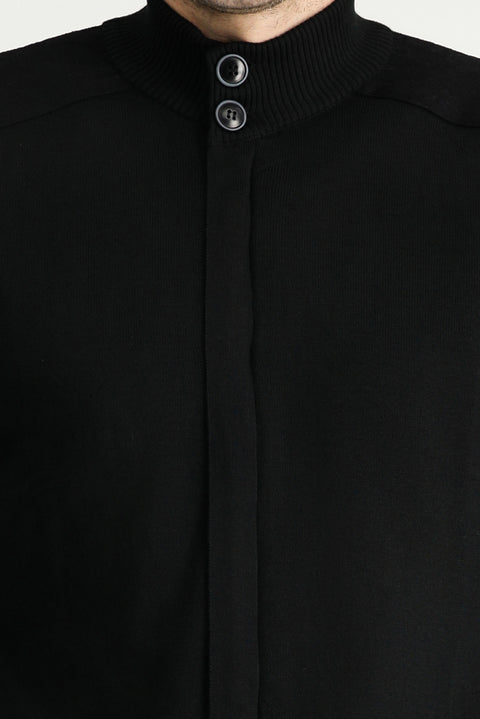 Black Zip-Up Cotton Knit Cardigan