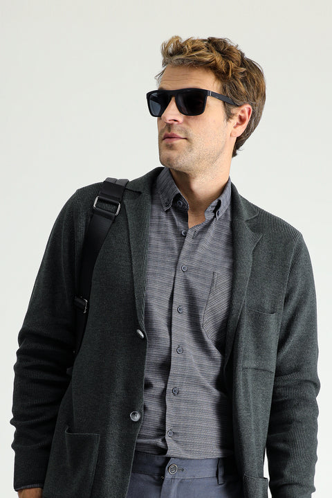 Dark Anthracite Melange Regular Fit Cotton Knit Cardigan with Pockets and Button Closure