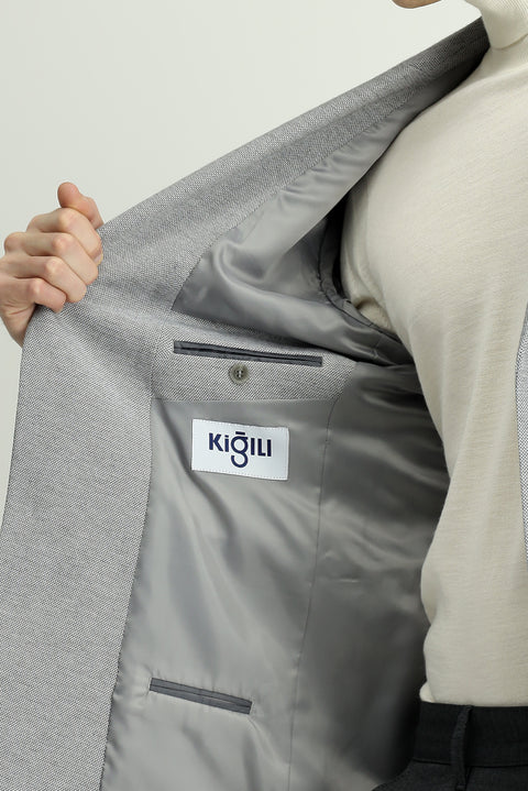 Orta Gri Melanj 6 Drop Regular Fit Standart Kesim Desenli Klasik Pamuklu Ceket