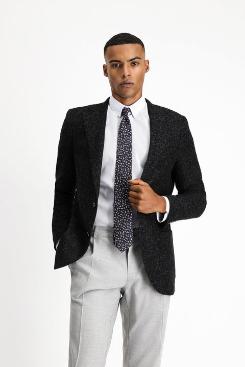 Black 7 Drop Slim Fit Patterned Italian Wool Jacket
