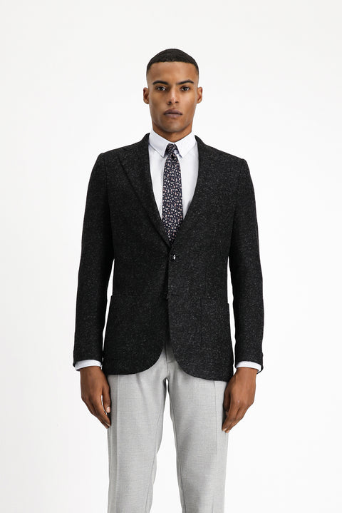 Black 7 Drop Slim Fit Patterned Italian Wool Jacket
