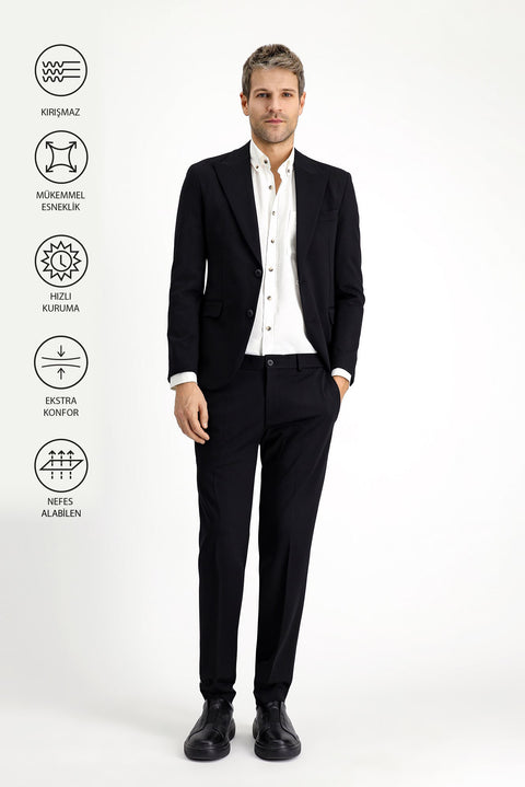 Black Techno-Line 7 Drop Slim Fit Classic Fabric Trousers with Lycra Knit