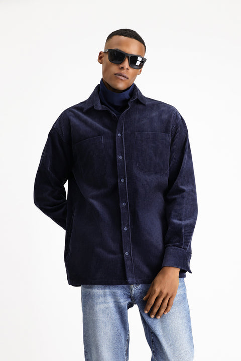 Light Navy Long Sleeve Oversize Cotton Velvet Shirt