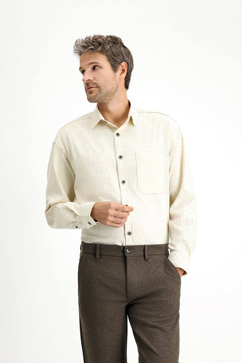 Light Beige Long Sleeve Oversize Cotton Lumberjack Shirt