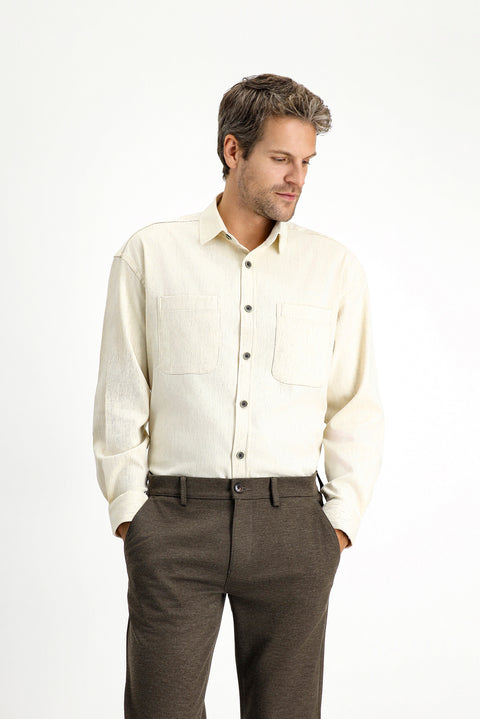 Light Beige Long Sleeve Oversize Cotton Lumberjack Shirt