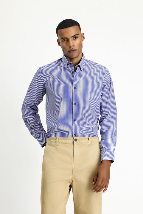 Medium Navy Long Sleeve Classic Striped Cotton Shirt