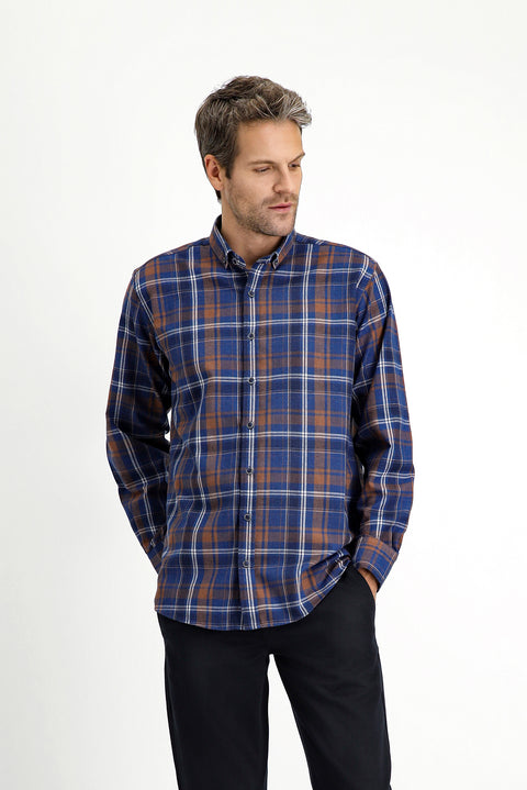 Medium Navy Long Sleeve Regular Fit Plaid Button-Down Collar Cotton Shirt