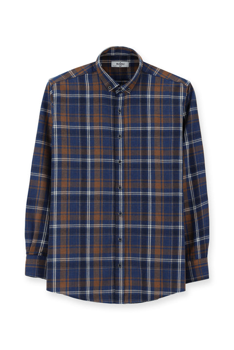 Medium Navy Long Sleeve Regular Fit Plaid Button-Down Collar Cotton Shirt