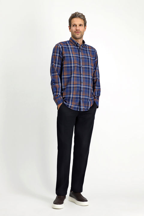 Medium Navy Long Sleeve Regular Fit Plaid Button-Down Collar Cotton Shirt